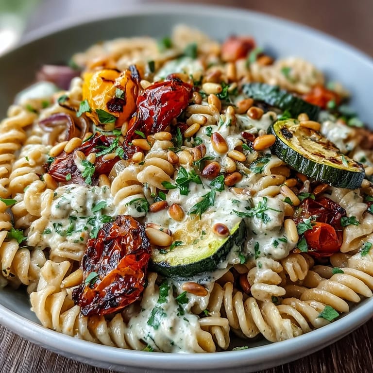 Close-up of a Whole Wheat Pasta Bowl, creamy bean sauce coating pasta and colorful roasted veggies.