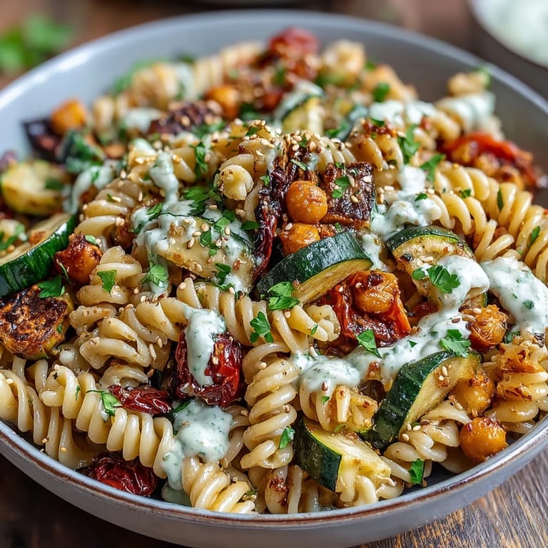 A wholesome vegan Chickpea Pasta Bowl with tender roasted veggies, creamy tahini dressing, and a sprinkle of toasted sesame seeds.