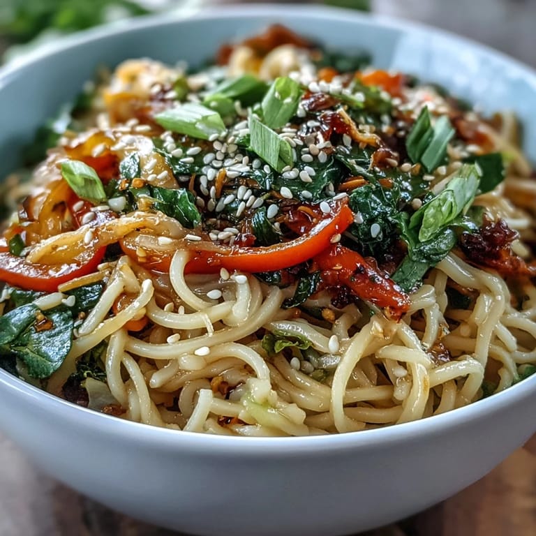 A vibrant vegan Shirataki Noodle Bowl featuring colorful stir-fried veggies and toasted sesame seeds for a healthy dinner.