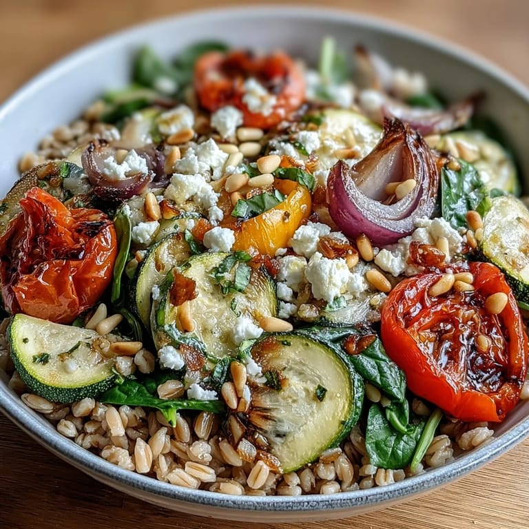 Serving suggestion for a Farro Pasta Bowl: vibrant, wholesome vegetables in a large ceramic bowl, ready to enjoy as a light lunch or vibrant vegetarian dinner.