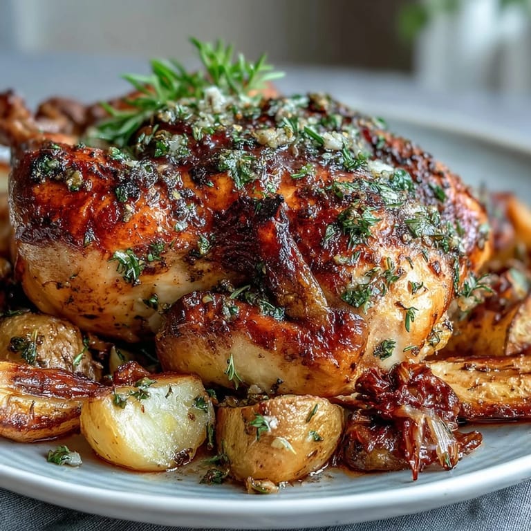 Golden-brown herb chicken with crispy skin served over a hearty mix of roasted root vegetables and red onion wedges.