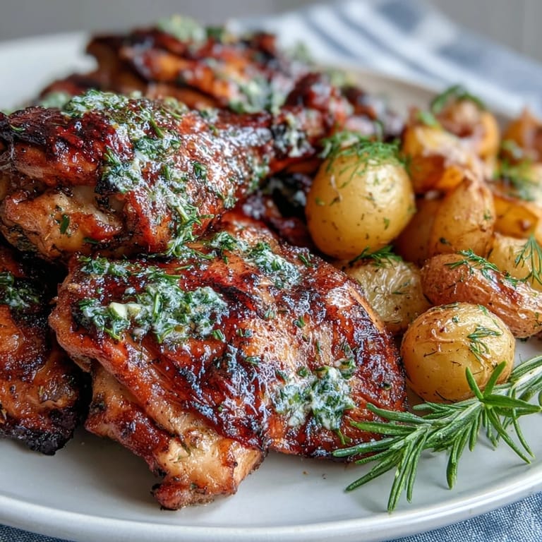 Aromatic lemon herb chicken with golden baby potatoes, perfect for an elegant family meal or dinner party centerpiece.