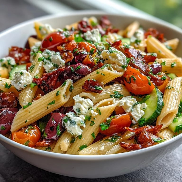 Hearty Greek pasta salad with olives and feta, loaded with fresh cucumbers, tomatoes, and bell peppers, tossed in a bright red wine vinaigrette.