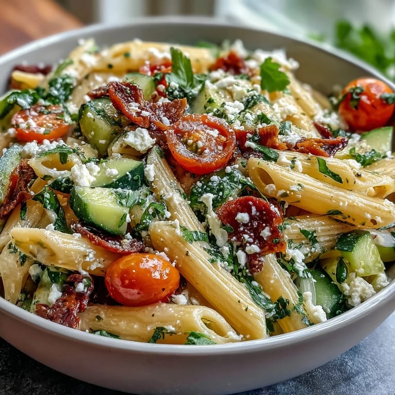 Fresh Mediterranean pasta salad featuring briny Kalamata olives, creamy feta, crisp veggies, and zesty herb dressing—perfect for outdoor dining.