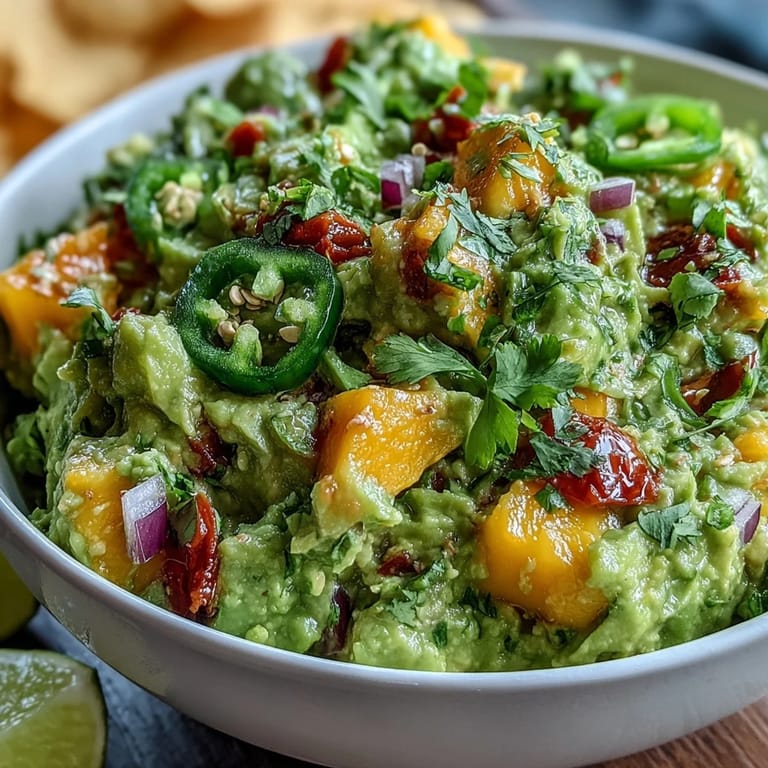 This festive Cinco de Mayo guacamole features ripe avocado, juicy mango, and fresh jalapeño, offering a colorful and zesty appetizer for any celebration.