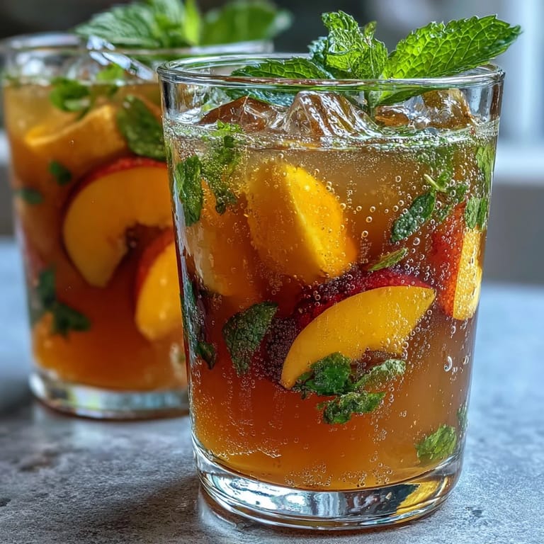 Chilled mango peach sangria with sparkling water, featuring fresh fruit and mint, ideal for picnics and family celebrations.