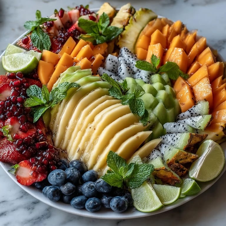 Stunning mango and pineapple fruit display with fresh mint and lime accents, ideal for refreshing party appetizers or healthy desserts.