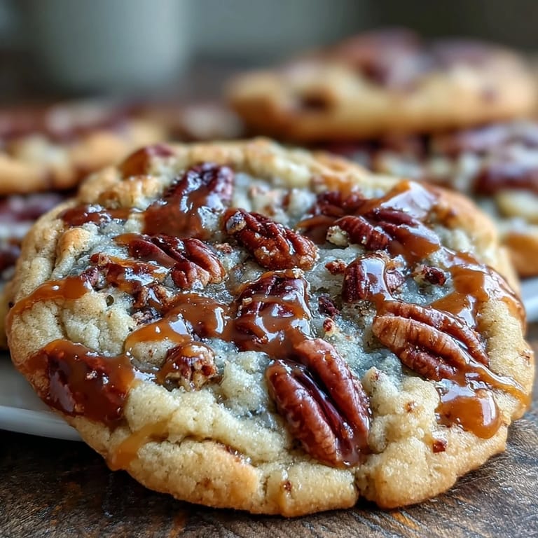 Warm butter pecan cookies drizzled with caramel, offering a perfect blend of nutty crunch and sweet, gooey richness.