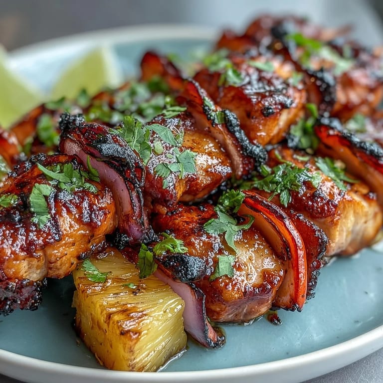 Easy Grilled Pineapple Chicken Skewers with honey-lime marinade, combining tropical fruit and savory chicken for a crowd-pleasing main dish.