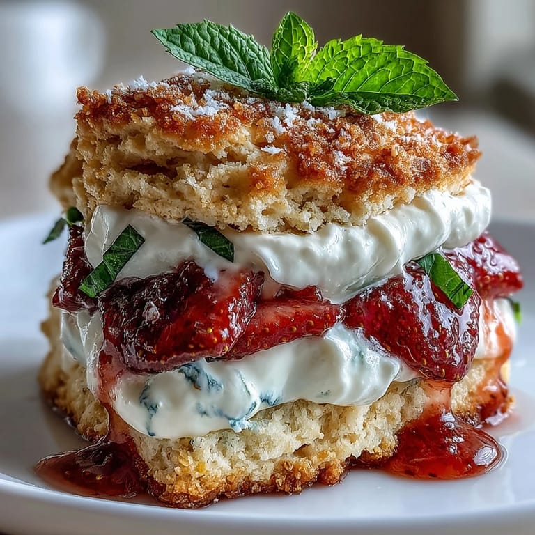 Fluffy, buttery Strawberry Basil Shortcake Biscuits topped with macerated berries.