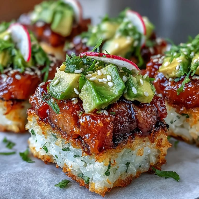 Flavorful combination of crispy rice base, tuna, and fresh salad greens.