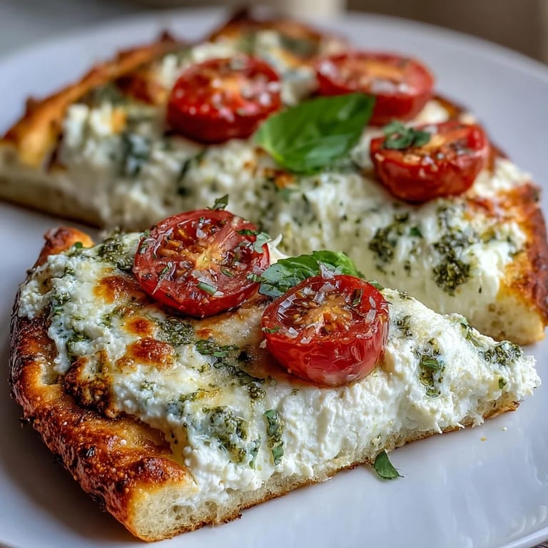 Enjoy this easy Viral Cottage Cheese Flatbread, golden brown, topped with basil.