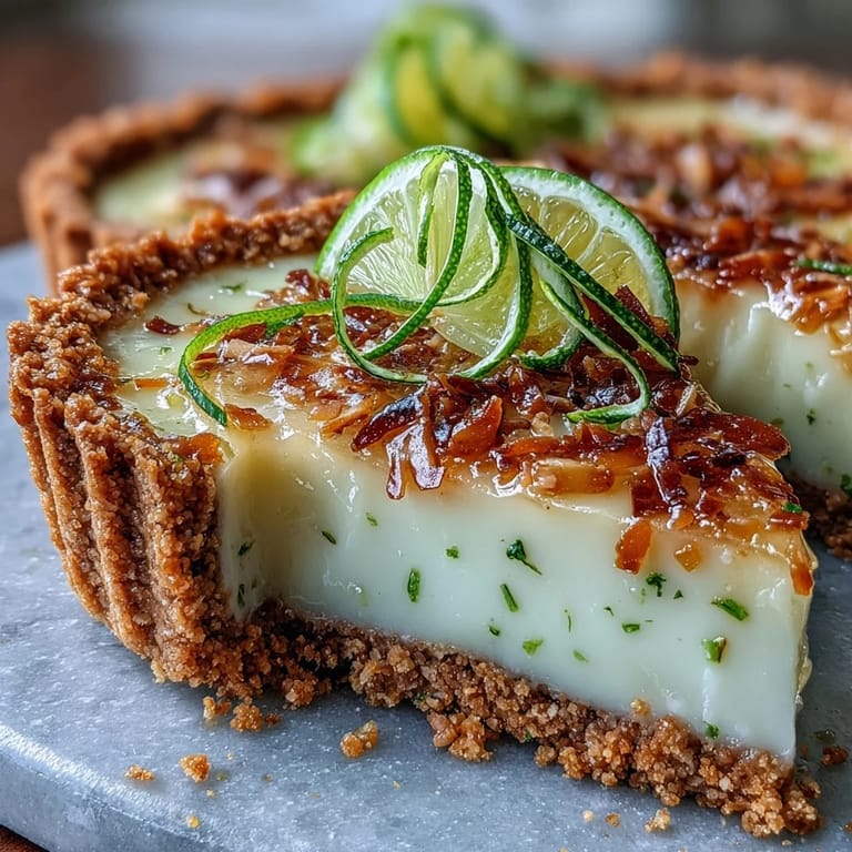 A slice of Coconut Lime Tart showcasing creamy lime filling topped with coconut.