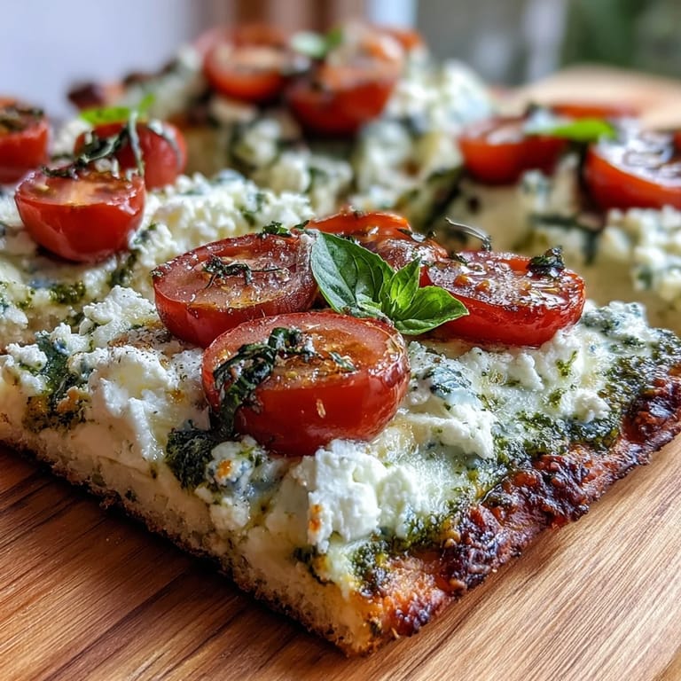Savor a slice of Viral Cottage Cheese Flatbread, baked with pesto and tomatoes.