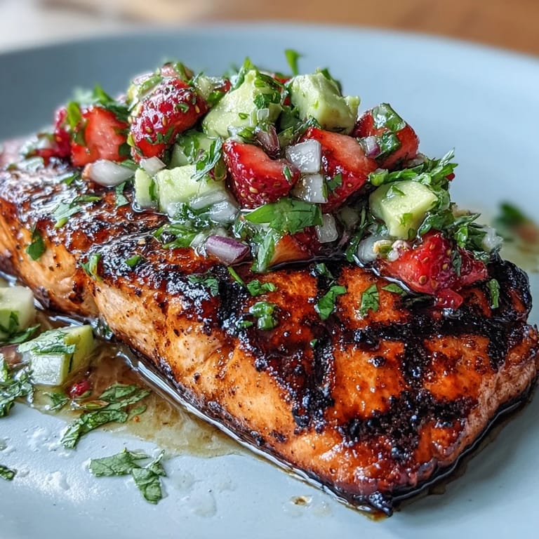 Golden grilled salmon fillets beaming with fresh strawberry avocado salsa, a healthy, vibrant dish.