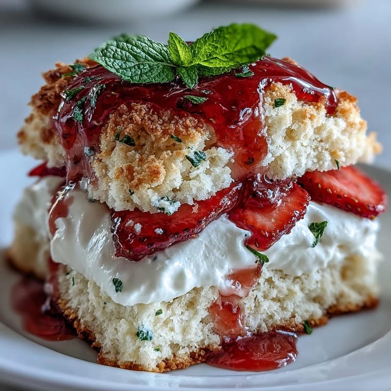 A layered delight: Strawberry Basil Shortcake Biscuits with vibrant fruit and cream.