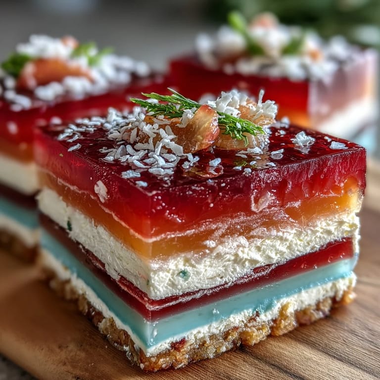 Gorgeous layered agar-agar rainbow jelly cake, topped with luscious coconut cream.