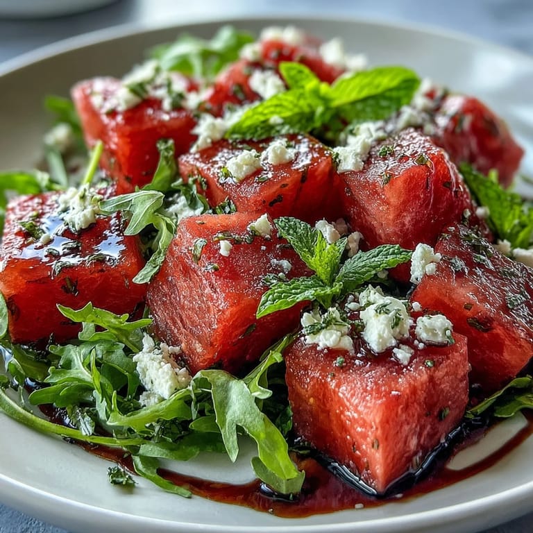 Arugula base topped with sweet watermelon cubes, feta, and drizzled balsamic glaze.