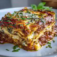Golden-brown One-Pan Smoky Veggie Lentil Lasagne bubbling with melted mozzarella and fresh basil garnish.