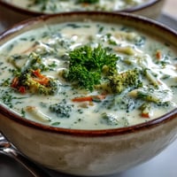 A warm bowl of creamy vegetable soup garnished with fresh parsley, featuring blended carrots, potatoes, and cauliflower.  