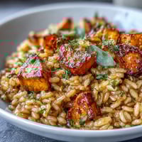 Vegan Pumpkin Risotto with golden roasted pumpkin cubes and crispy sage leaves garnish.