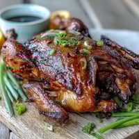 Perfectly roasted Five-Spice Roast Ducks with glistening crispy skin, served on a platter with orange slices and fresh herbs.