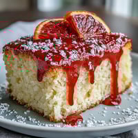Freshly glazed Heavenly Blood Orange Yogurt Cake slices on a plate, showcasing moist crumb and vibrant citrus icing with zest.