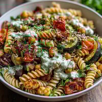 Freshly roasted zucchini and bell peppers join chickpea pasta, all drizzled with a creamy homemade tahini sauce.
