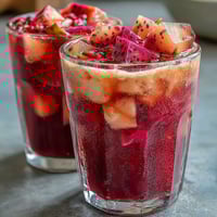 Refreshing homemade mango dragonfruit refresher with vibrant pink color and tropical fruit chunks on ice.