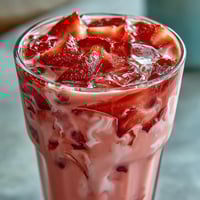 Vibrant pink Starburst refresher with fresh strawberry slices and creamy coconut milk, perfect for a refreshing summer drink.