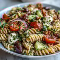 Easy Summer Pasta Salad with Italian Dressing: A colorful bowl of chilled pasta salad bursting with cherry tomatoes, crisp cucumbers, and zesty Italian dressing, perfect for sunny picnics.