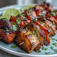 Grilled Pineapple Chicken Skewers with juicy chicken, sweet pineapple, and colorful veggies sizzling on the grill for a tropical summer meal.