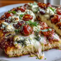 Golden cottage cheese flatbread pizza with melted mozzarella, cherry tomatoes, and spinach, ready to slice and serve.