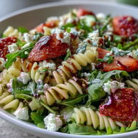 Spring Pasta Salad with Strawberries, Feta, and Arugula: A colorful mix of tender pasta, juicy strawberries, crisp cucumber, and peppery arugula, tossed in a tangy balsamic-honey dressing and topped with creamy feta and fresh basil.