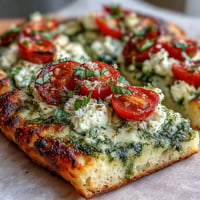 Viral Cottage Cheese Flatbread with vibrant pesto and fresh cherry tomatoes ready.
