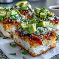 Bright Crispy Rice Salad with Spicy Tuna and creamy avocado topping.