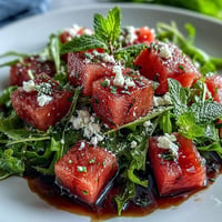 Juicy watermelon, peppery arugula, feta, and balsamic reduction star in this refreshing salad.