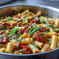 Creamy tomato basil pasta, a simmering comfort topped with fresh basil.