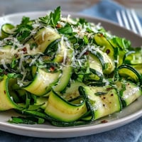 Shaved Zucchini Ribbon Salad, vibrant green ribbons tossed with lemon and Parmesan.